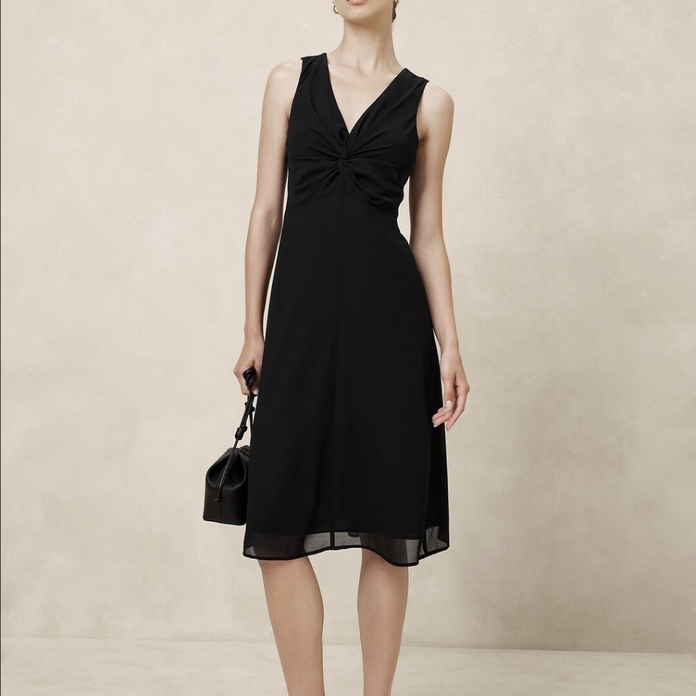 Banana Republic Black Chiffon Sleeveless Flowy Twist-Front Midi Dress 18 Evening